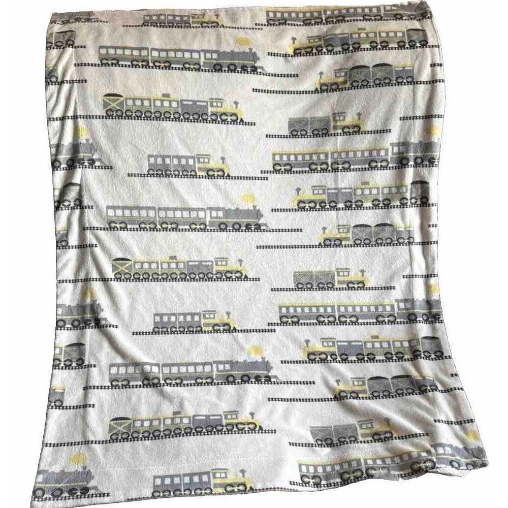Baby Blanket Trains Locomotive Gray Yellow Soft Unisex Multipurpose 38 X 30